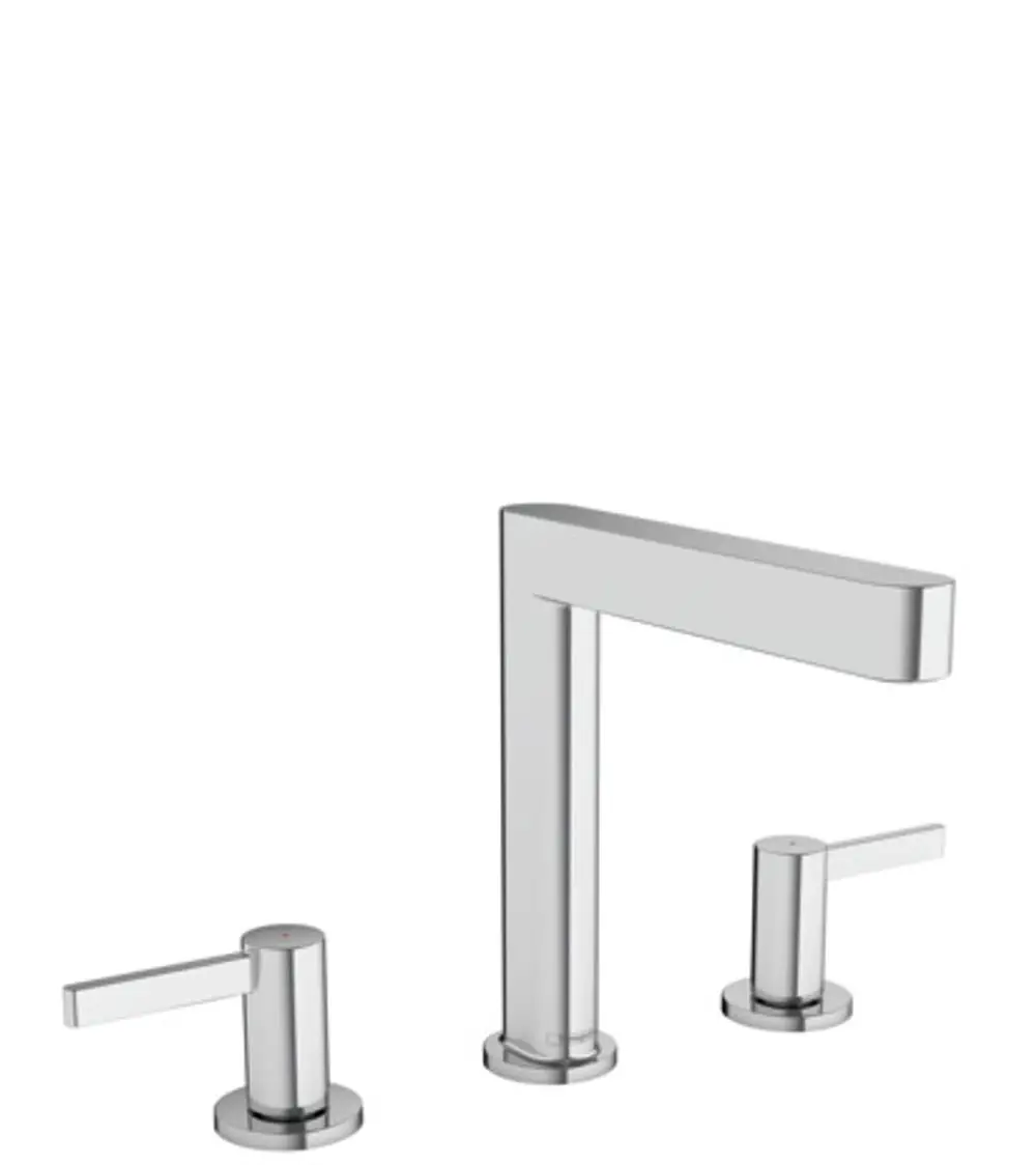 Waschtischarmatur von Hansgrohe, bestehend aus einem mittleren Wasserhahn und zwei seitlichen Bedienhebeln, alles in Chrom.